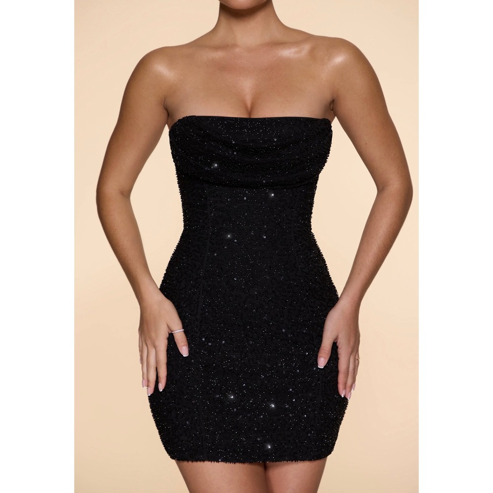 Oh Polly Black Sequin Beaded Strapless Cowl Neck‎ Mini Dress US 4 NWT